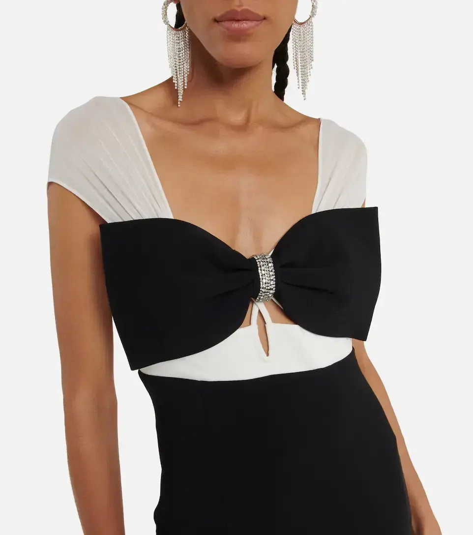 Self Portrait Crepe Crystal Bow Midi Dress Black/White Size 6 - Image 3