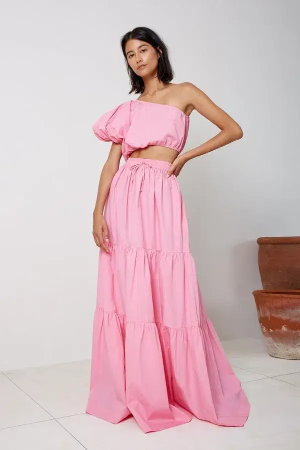 SWF One Shoulder Puff Sleeve Crop and Drawstring A-Line Tiered Maxi Skirt Set in Floss Pink Size 10 for rent on The Volte - main image