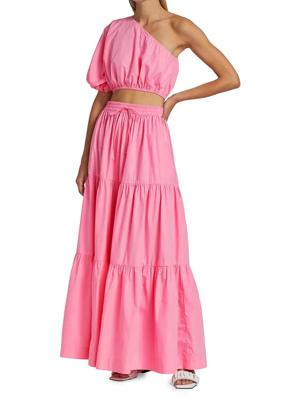 SWF One Shoulder Puff Sleeve Crop and Drawstring A-Line Tiered Maxi Skirt Set in Floss Pink Size 10 - Image 3