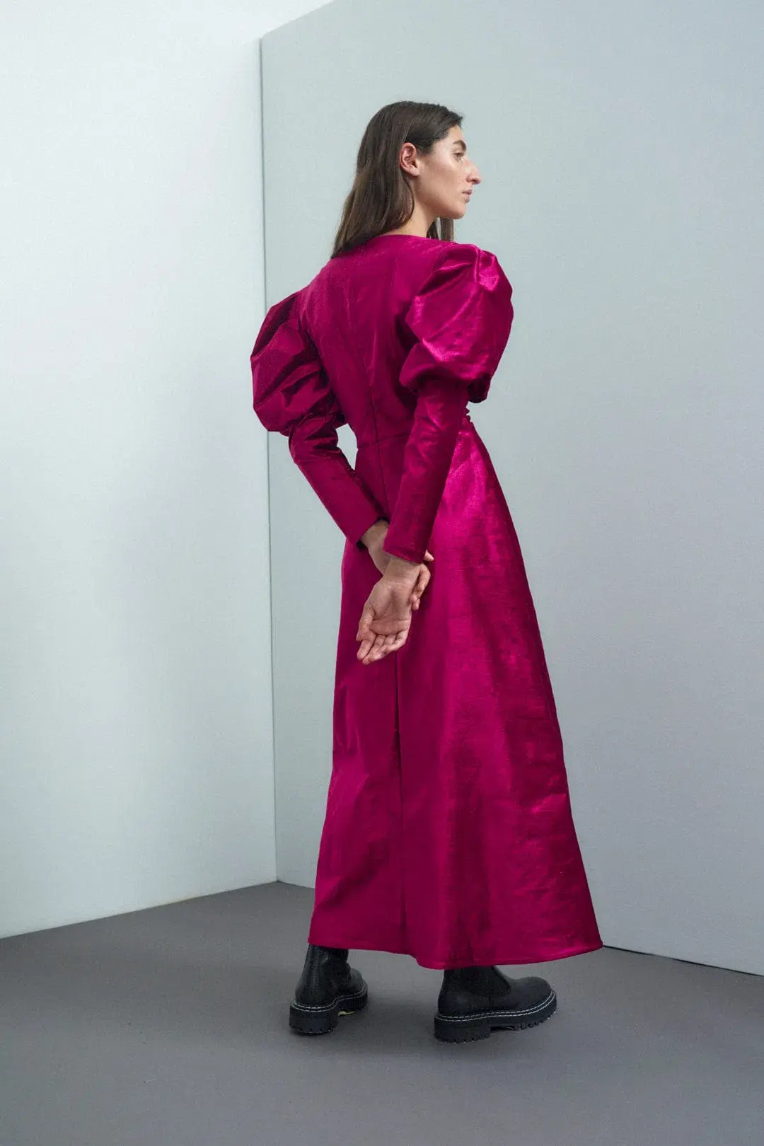 Alamais Rosario Puff Sleeve Midi Dress Fushia Size 10  - Image 3