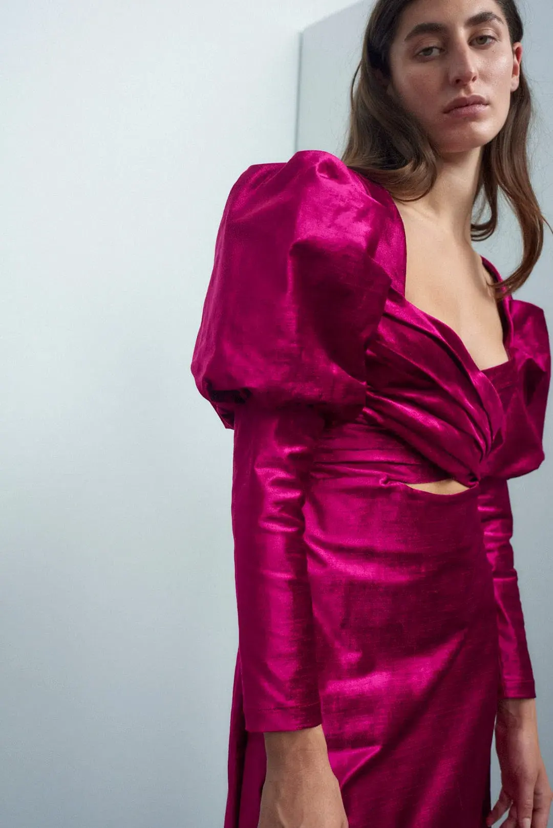 Alamais Rosario Puff Sleeve Midi Dress Fushia Size 10  for rent on The Volte - main image