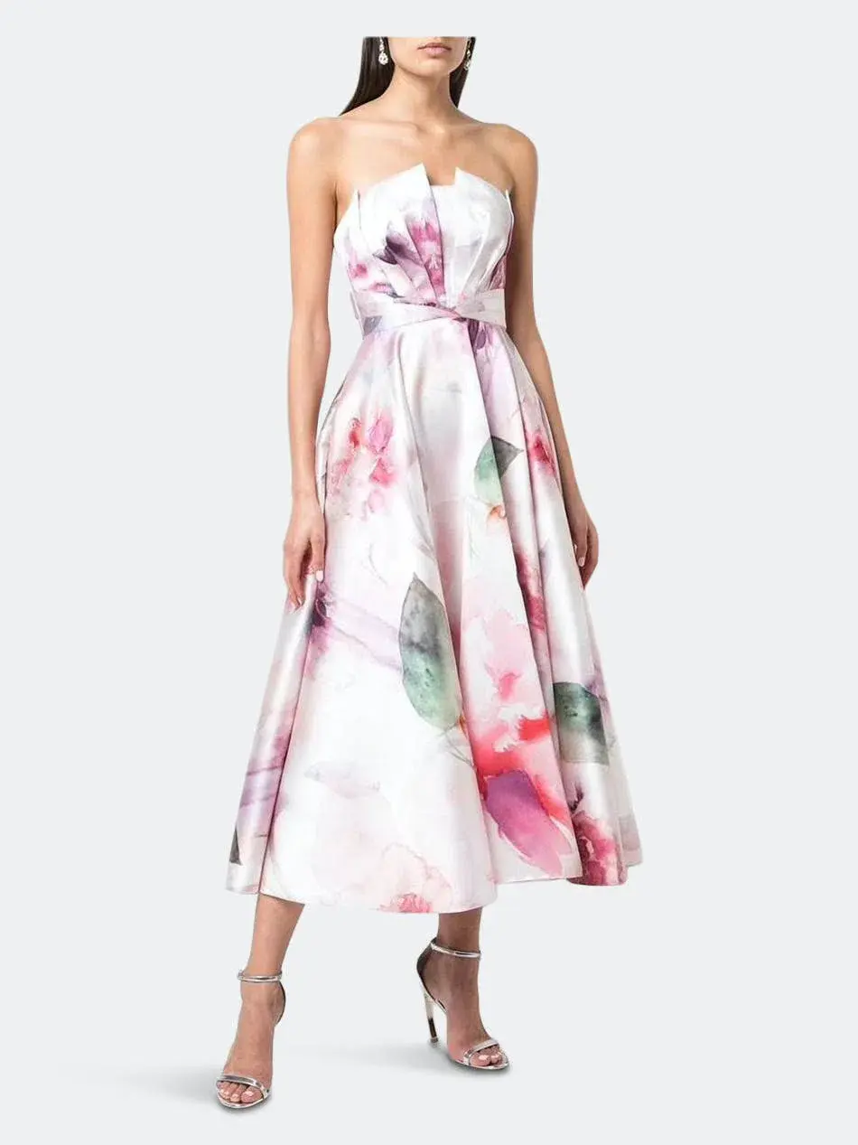 Marchesa Notte Strapless Draped Printed Mikado Pique Tea Length Dress Blush Size 12 - Image 1