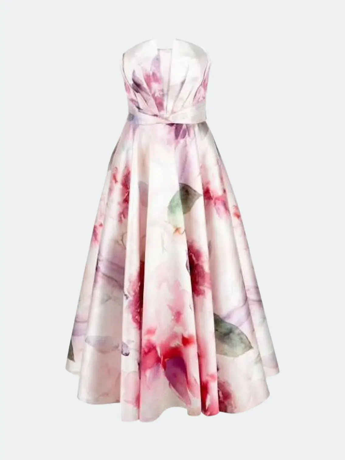 Marchesa Notte Strapless Draped Printed Mikado Pique Tea Length Dress Blush Size 12 - Image 4
