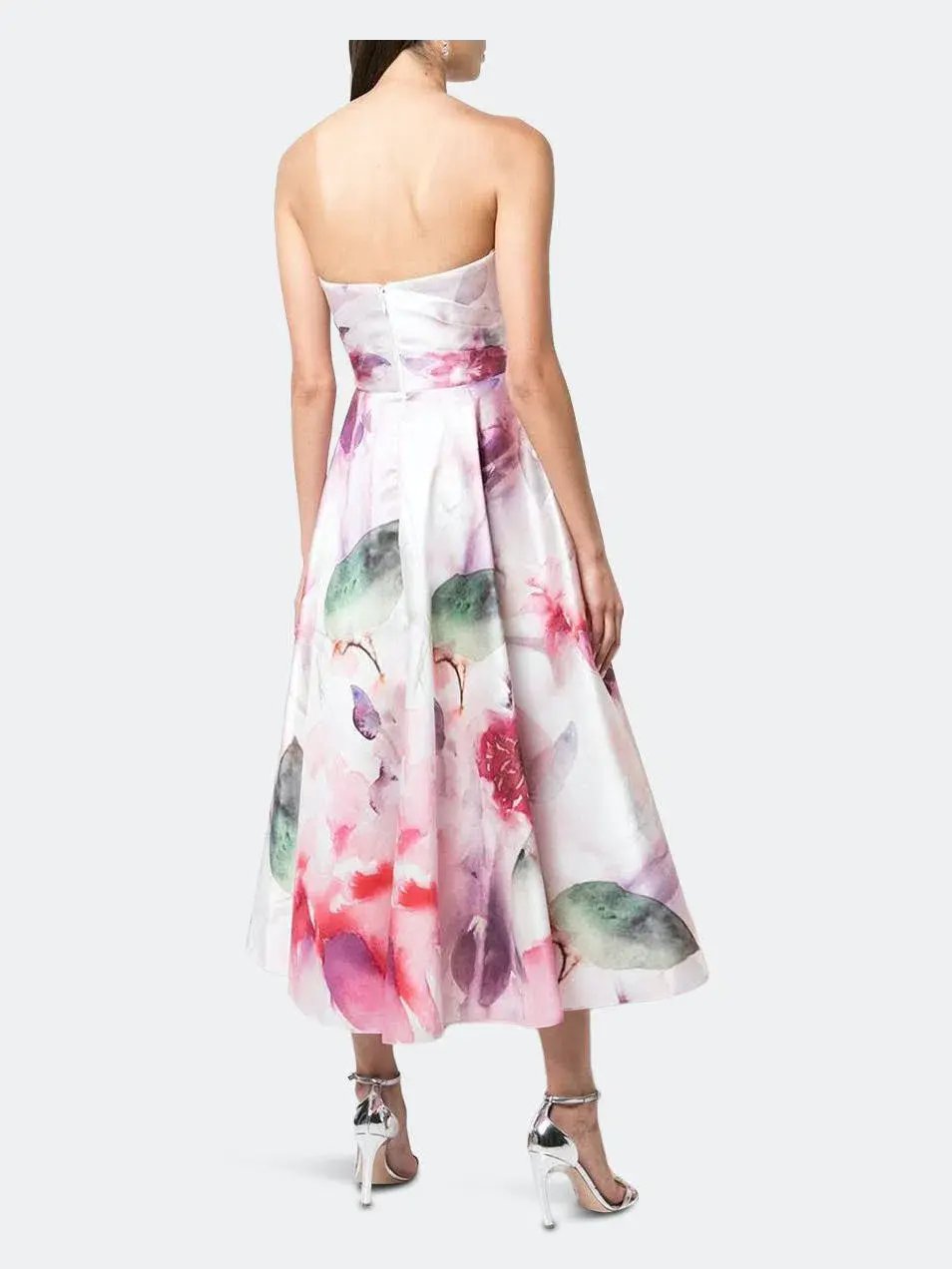 Marchesa Notte Strapless Draped Printed Mikado Pique Tea Length Dress Blush Size 12 - Image 2