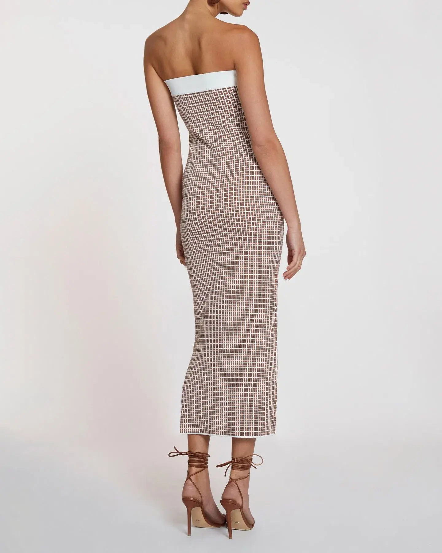 By Johnny Isabella Check Knit Strapless Dress Brown & Ivory Size 10 - Image 2