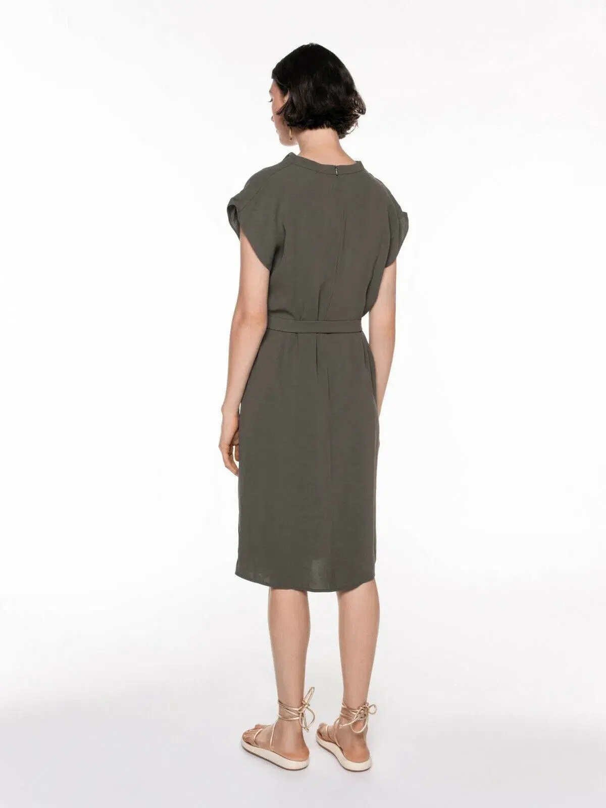 Veronika Maine Drapey Weave Drape Neck Midi Dress Khaki Size 14 - Image 2