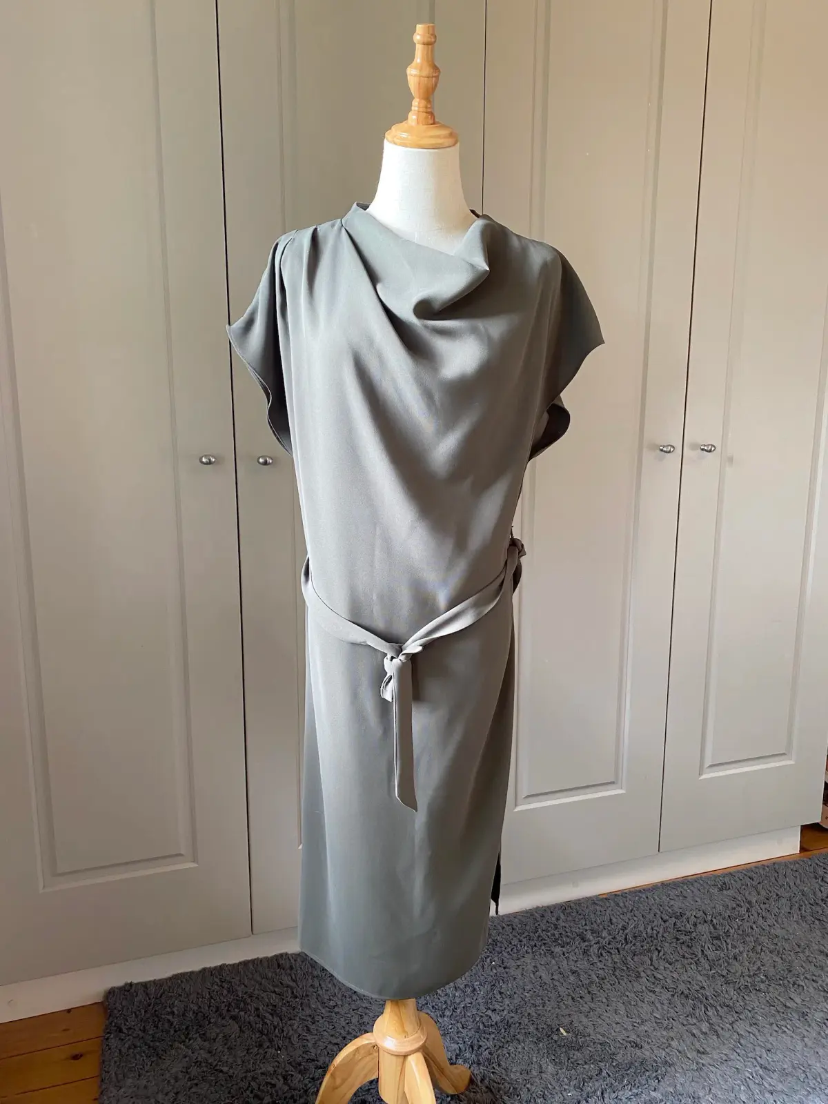 Veronika Maine Drapey Weave Drape Neck Midi Dress Khaki Size 14 - Image 3