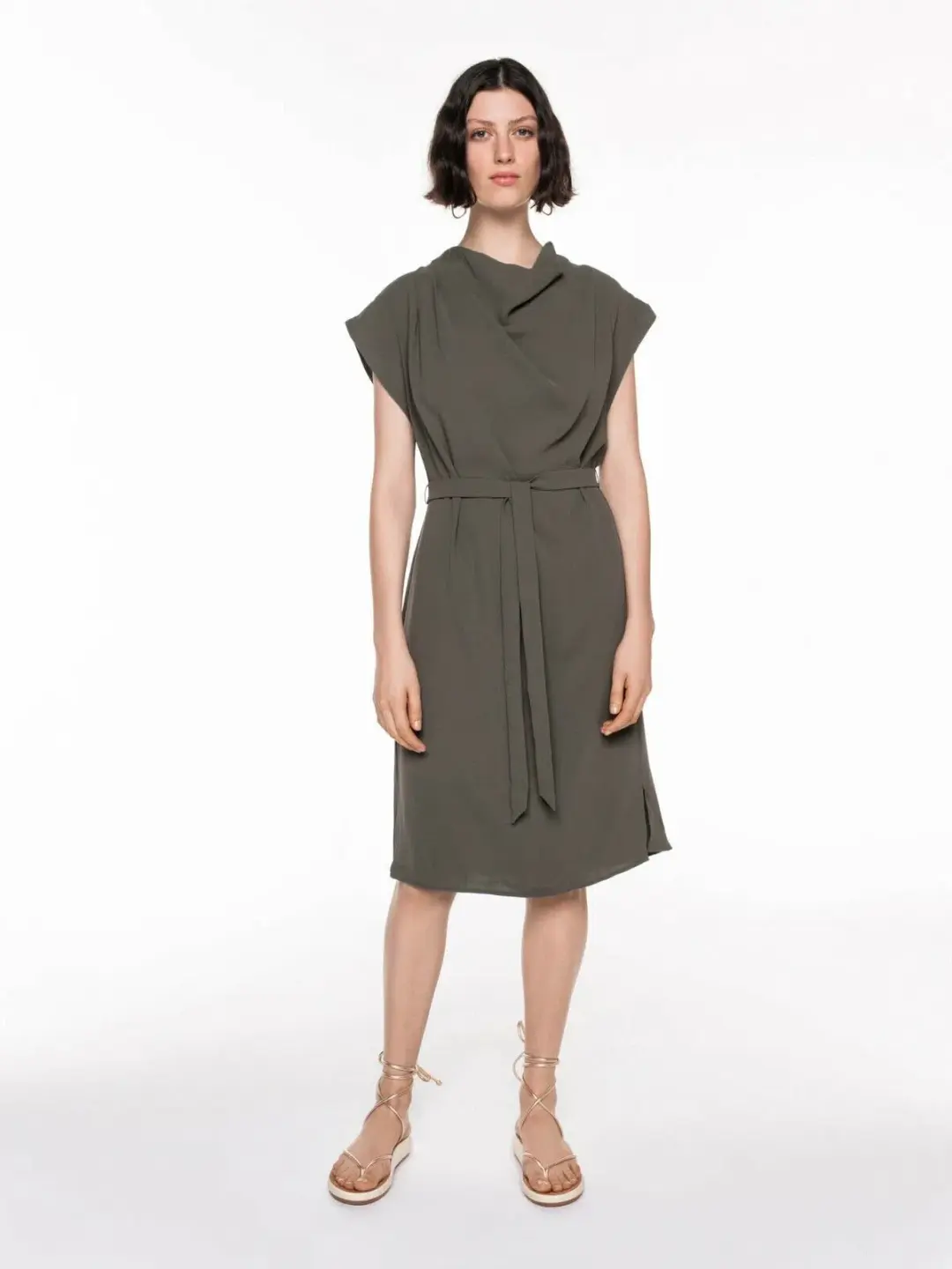 Veronika Maine Drapey Weave Drape Neck Midi Dress Khaki Size 14 for rent on The Volte - main image