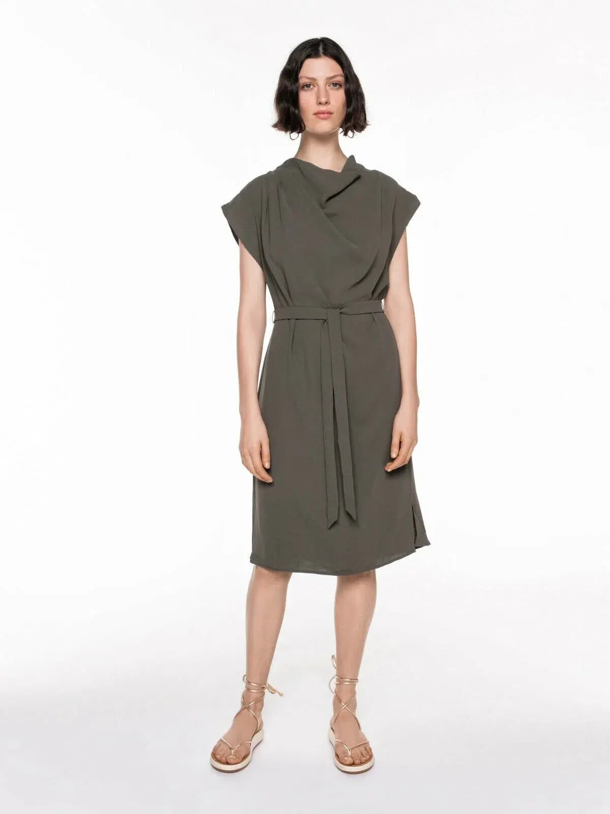 Veronika Maine Drapey Weave Drape Neck Midi Dress Khaki Size 14 - Image 1