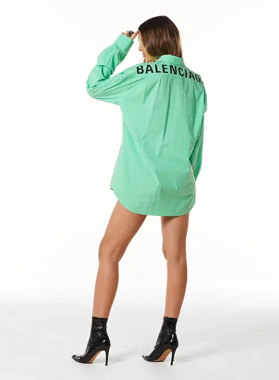Balenciaga Printed Back Logo Cotton Poplin Shirt In Neon Green Size M/AU 8 - Image 2