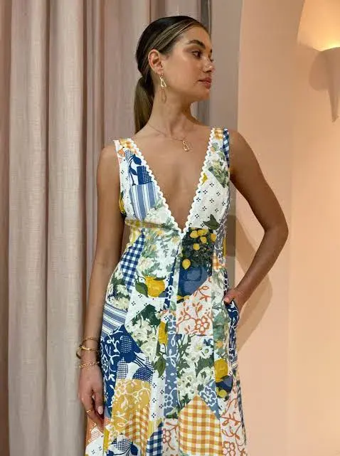 By Nicola Wavy Maxi Dress in Lemon Patchwork Size 6  for rent on The Volte - main image