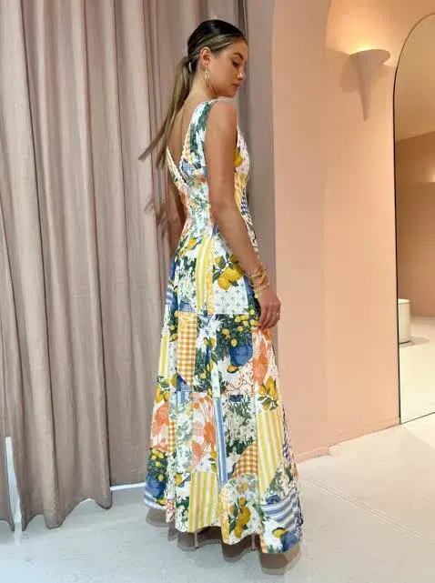 By Nicola Wavy Maxi Dress in Lemon Patchwork Size 6  - Image 5