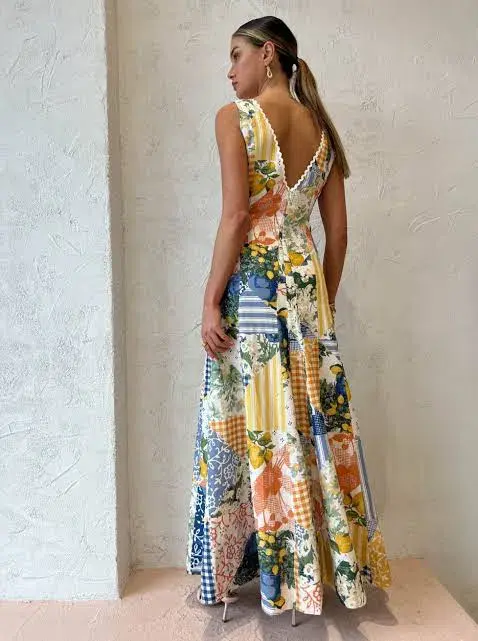 By Nicola Wavy Maxi Dress in Lemon Patchwork Size 6  - Image 4