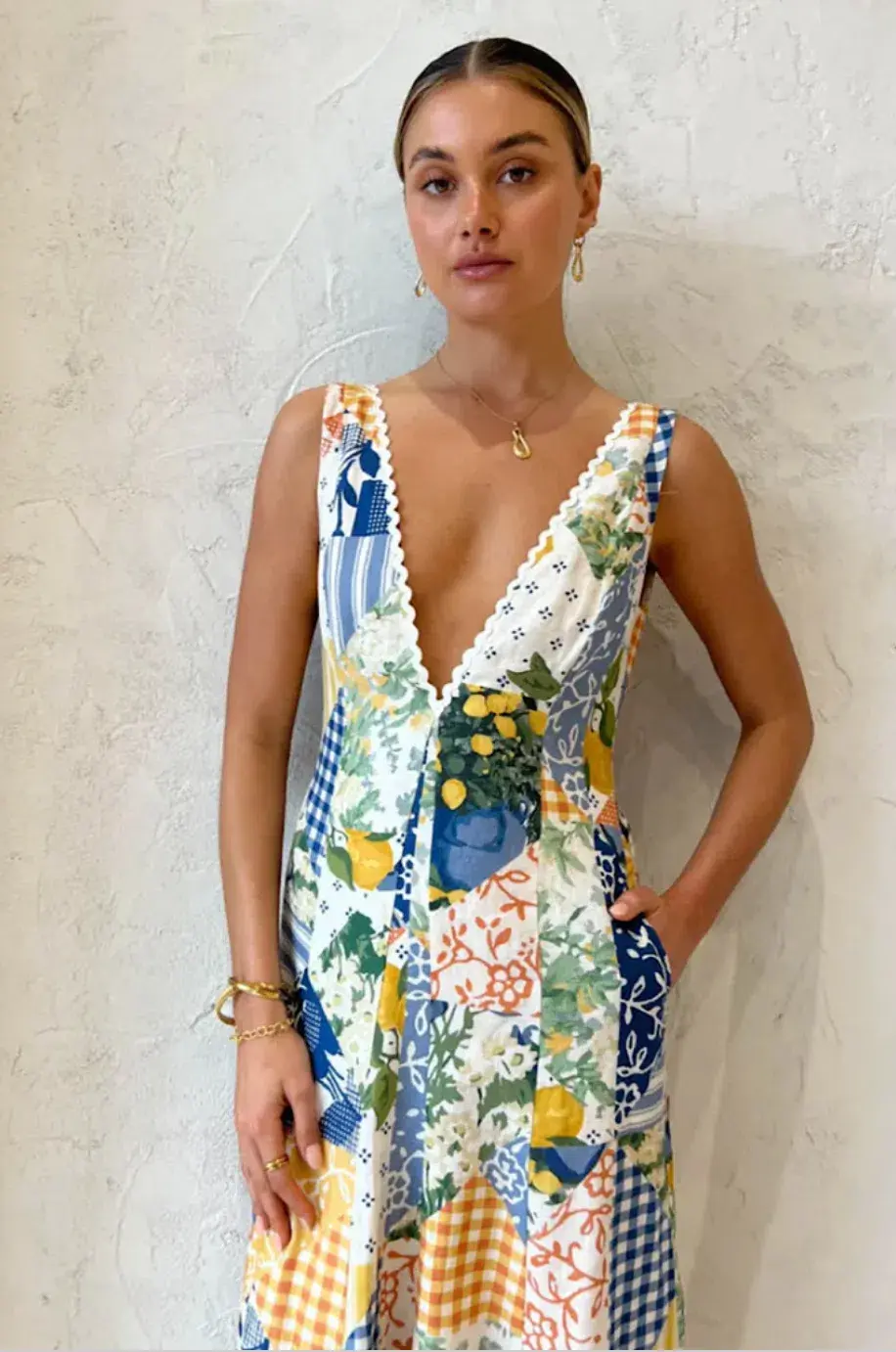 By Nicola Wavy Maxi Dress in Lemon Patchwork Size 6  - Image 6