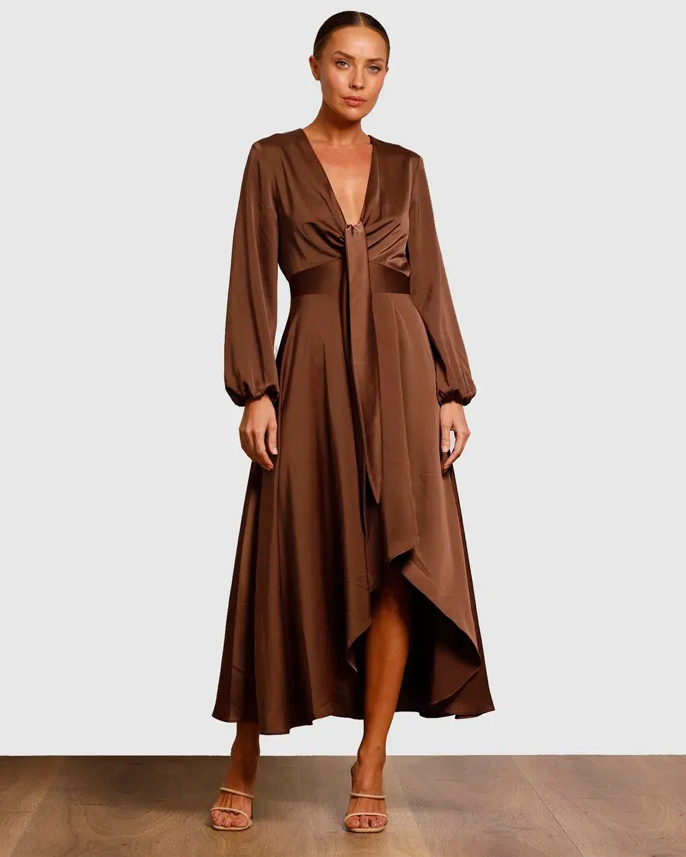 Pasduchas Cherish Tie Midi Dress Chocolate Brown Size 8 - Image 1