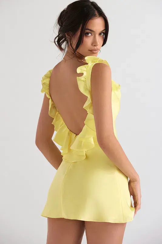 House of CB Tink Satin Ruffle Mini Dress Buttercup Yellow Size 8  - Image 3