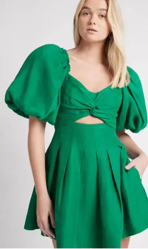 Aje Dusk Knot Puff Sleeve Mini Dress Emerald Green Size 14  - Image 3