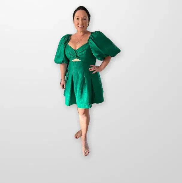 Aje Dusk Knot Puff Sleeve Mini Dress Emerald Green Size 14  for rent on The Volte - main image
