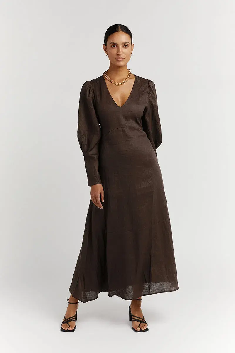 DISSH Wynn Dark Choc Linen Midi Dress Brown Size 8 - Image 1