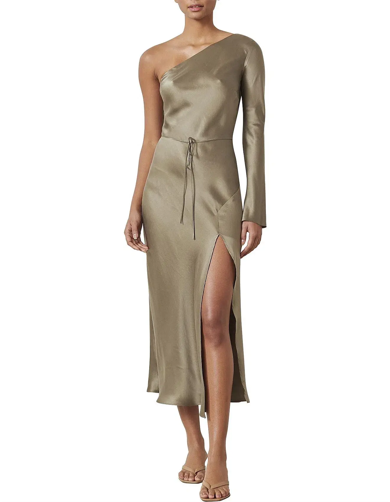 Bec & Bridge Classic Silk Asym Midi Dress Khaki Size 8 - Image 1