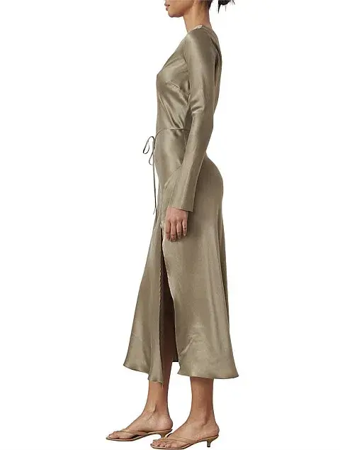 Bec & Bridge Classic Silk Asym Midi Dress Khaki Size 8 - Image 3
