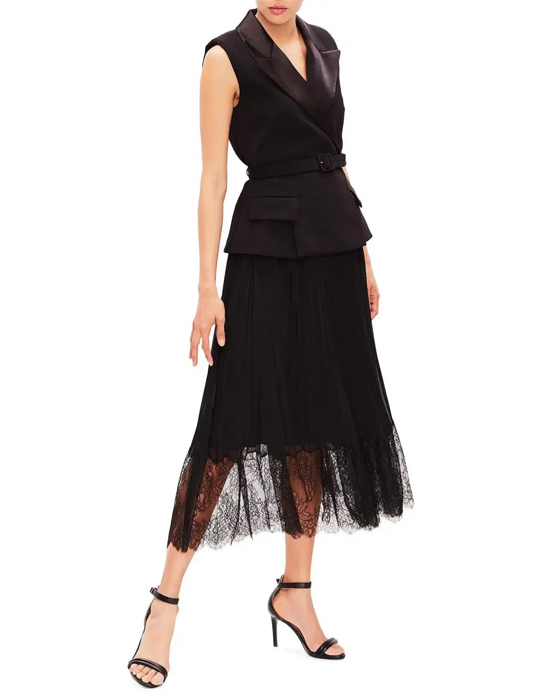 Self Portrait Tailored Crepe and Chiffon Midi Dress Black Size 12 for rent on The Volte - main image