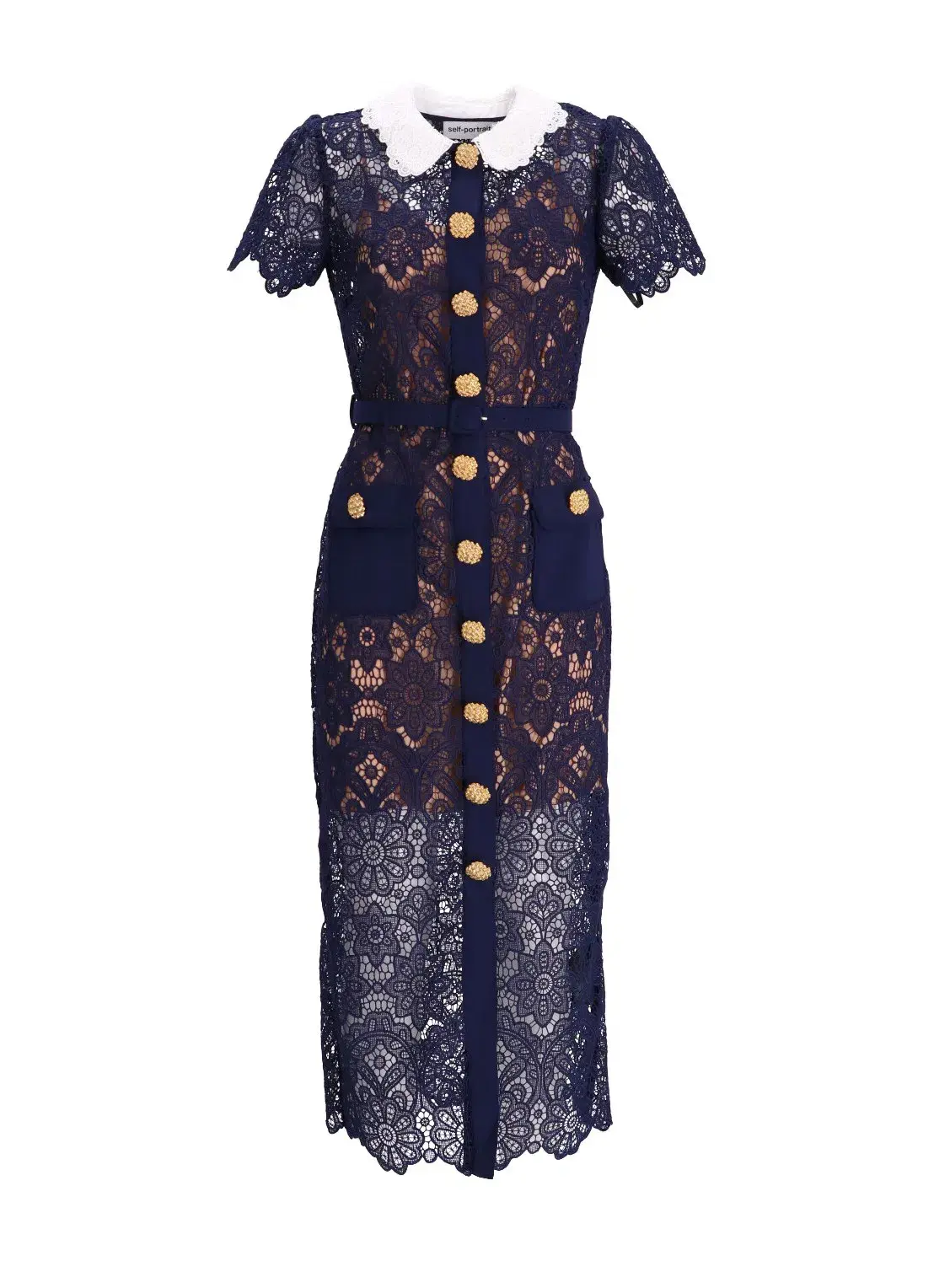 Self Portrait Navy Floral Guipure Midi Dress Navy Size 12 - Image 4