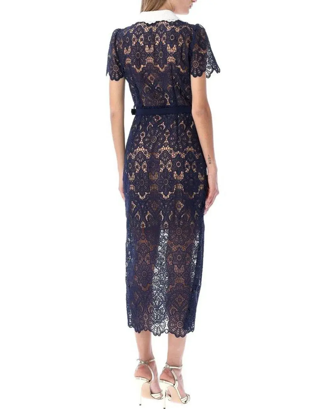 Self Portrait Navy Floral Guipure Midi Dress Navy Size 12 - Image 3