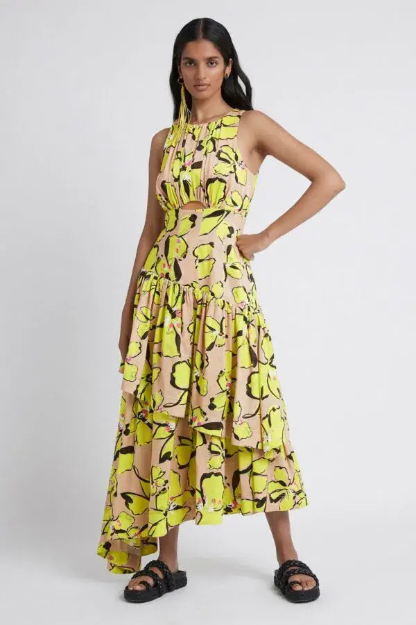 AJE Pelicano Racer Asymm Tiered Dress Citrus Bloom Size 4 for rent on The Volte - main image