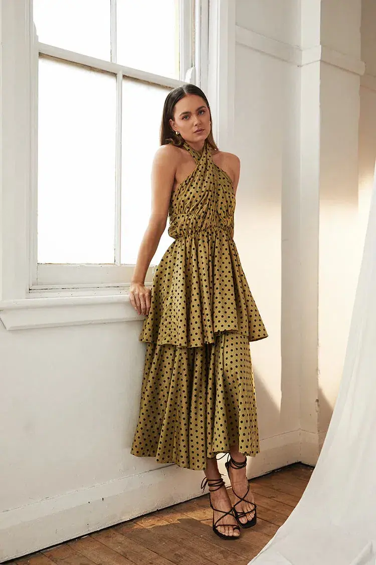 Mon Renn Roselyn Midi Dress Green Polka Dot Print Size 10 - Image 1