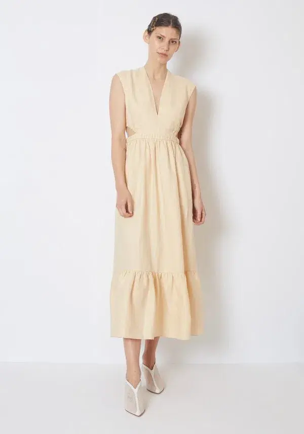 Tibi Linen Canvass V Neck Cut Out Dress in Butter Yellow Size 14 - Image 1
