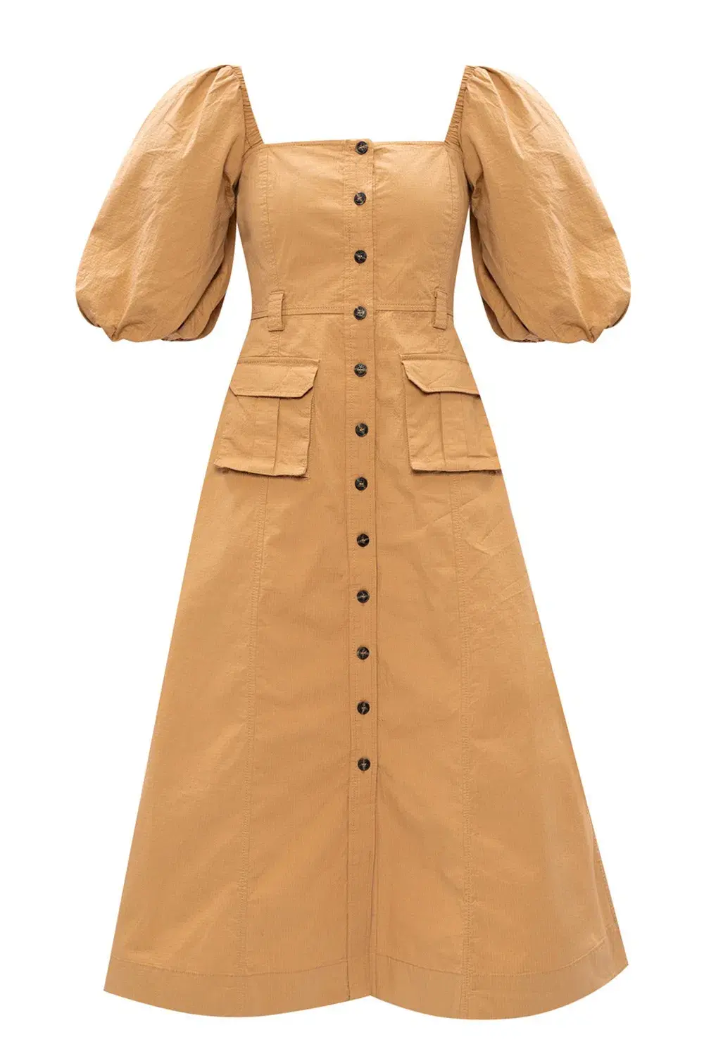 Ganni Square Neck Puff Sleeve Dress Tammin Beige Size 42/Au 10 - Image 4