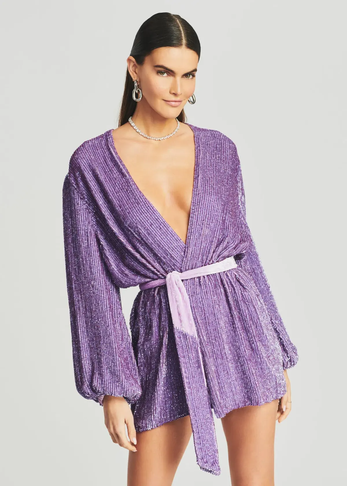 Retrofete Gabrielle Belted Wrap Dress Purple Sequin Size 6 - Image 2