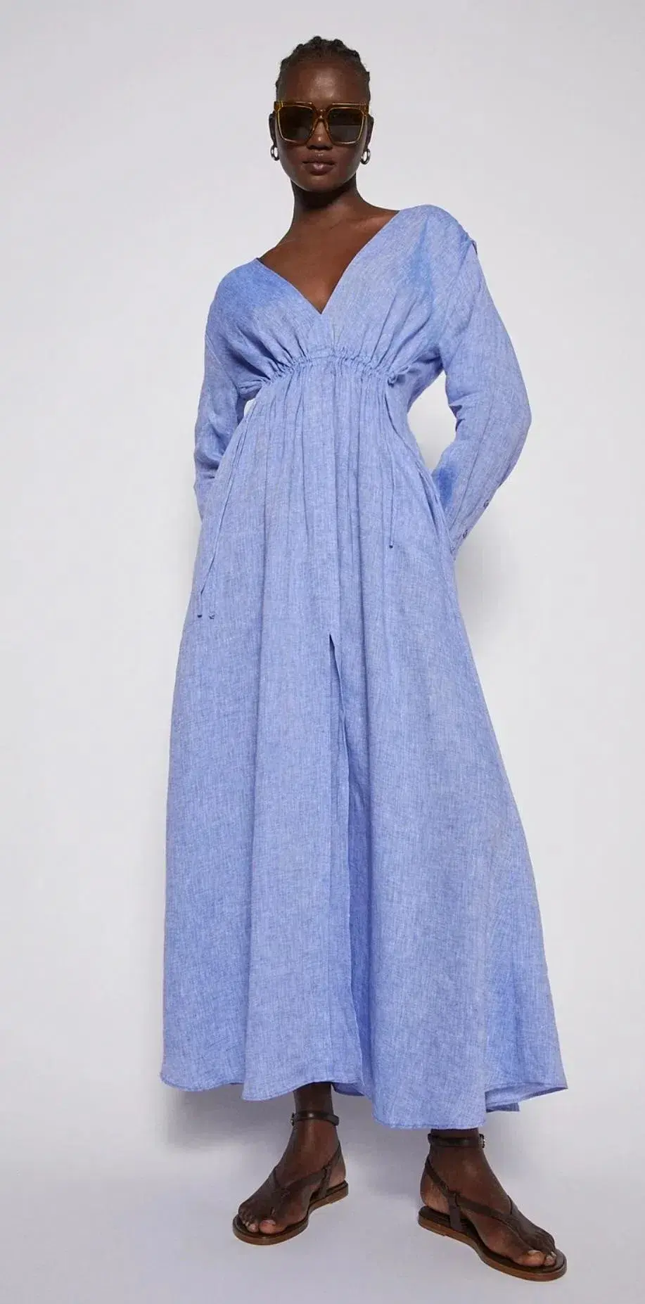 Scanlan Theodore Italian Linen V Neck Dress Blue Size 6 - Image 3