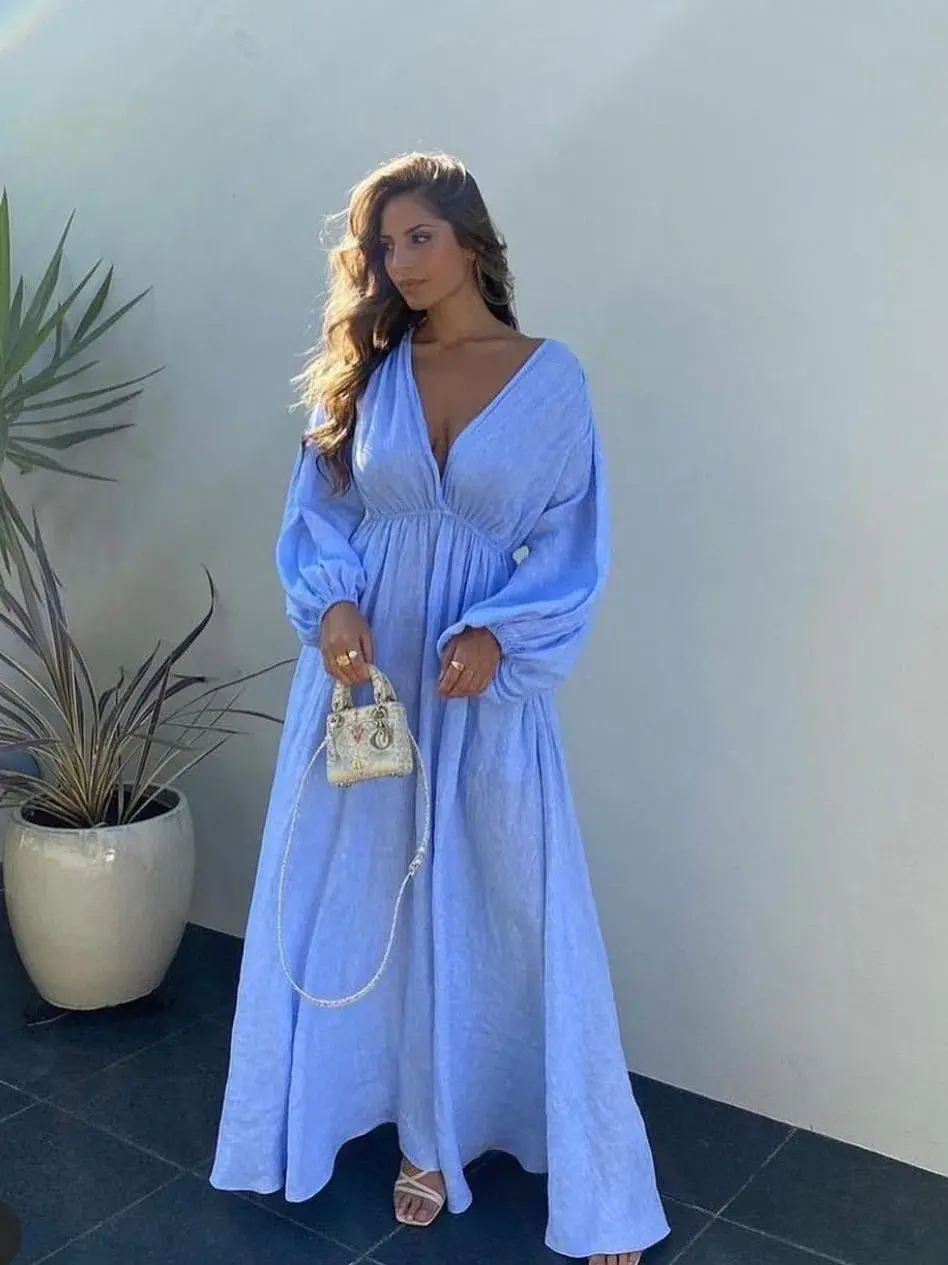Scanlan Theodore Italian Linen V Neck Dress Blue Size 6 - Image 2