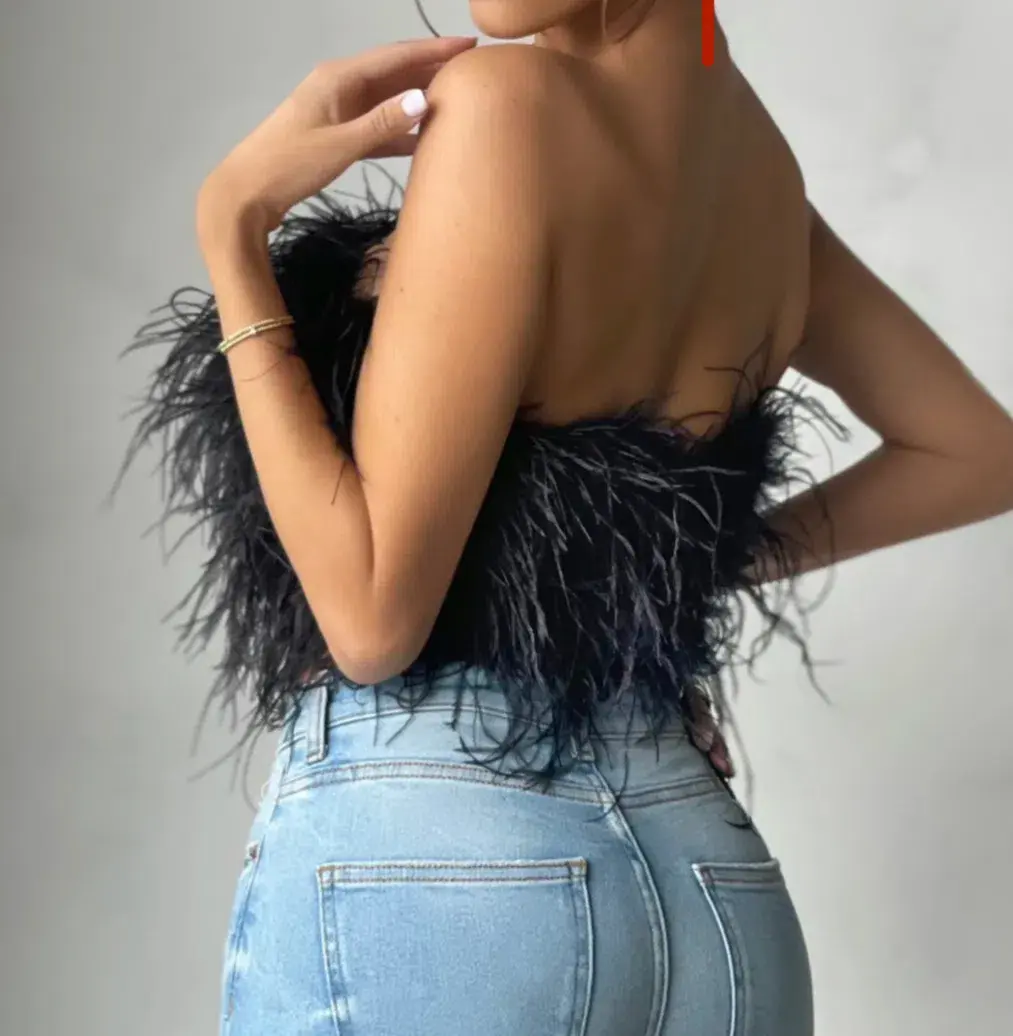 Bardot Ostrich Feather Bandeau Top Black Size 6 - Image 3
