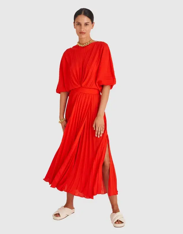 Oroton Pleated Midi Dress Red Size 6 - Image 1