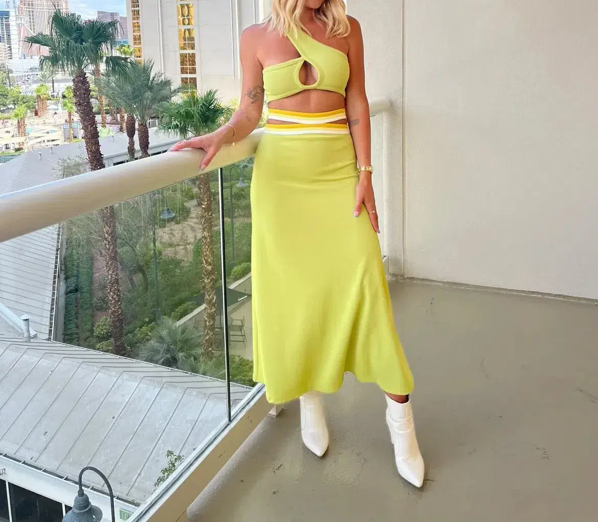 Christopher Esber Looped One Shoulder Rib Crop and Multi Bind Curve Skirt Set in Lime Size 10 - Image 2