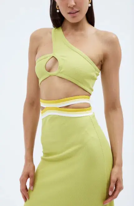 Christopher Esber Looped One Shoulder Rib Crop and Multi Bind Curve Skirt Set in Lime Size 10 - Image 4