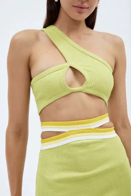 Christopher Esber Looped One Shoulder Rib Crop and Multi Bind Curve Skirt Set in Lime Size 10 - Image 5