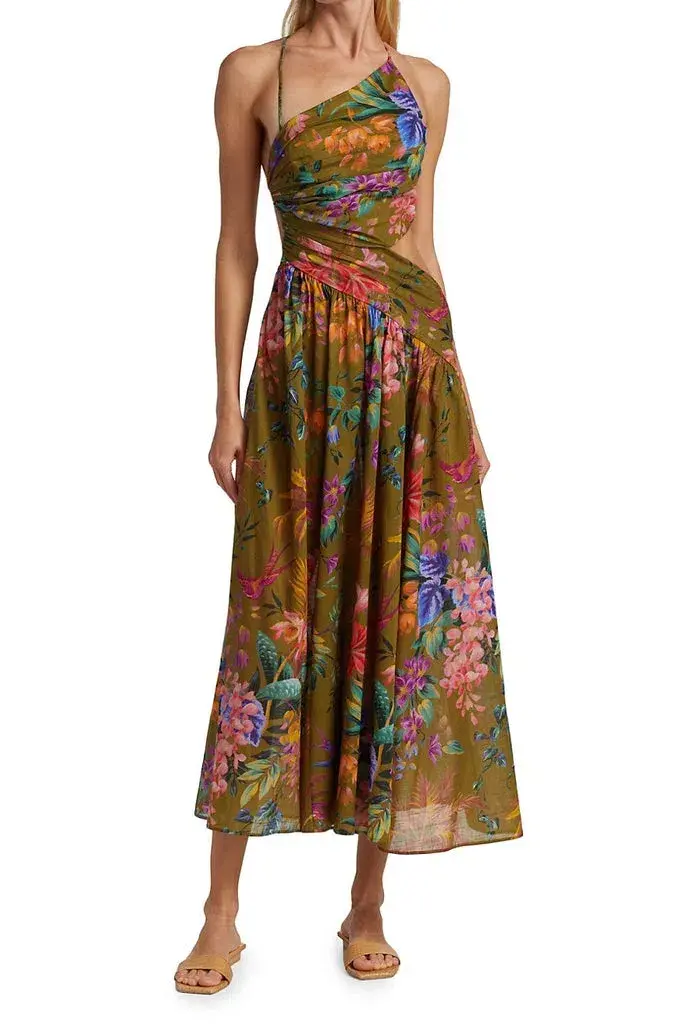 Zimmerman Tropicana Asymmetric Dress Khaki Floral Size 2/ 12 - Image 3