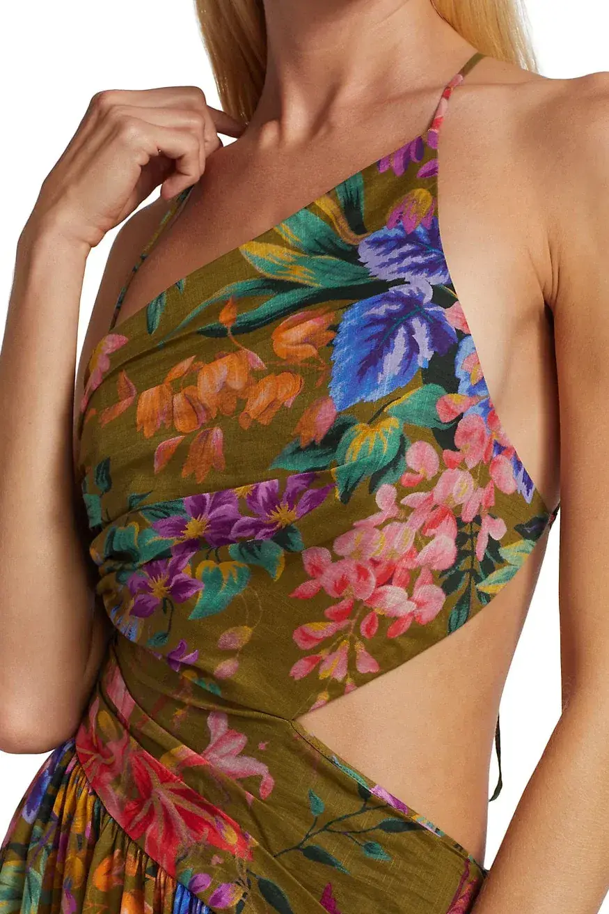 Zimmerman Tropicana Asymmetric Dress Khaki Floral Size 2/ 12 - Image 4