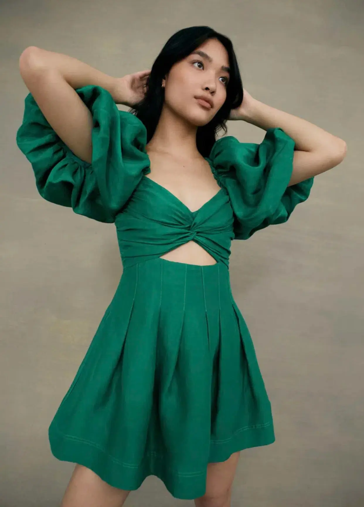 Aje Dusk Knot Puff Sleeve Mini Dress Emerald Green Size 8 - Image 1