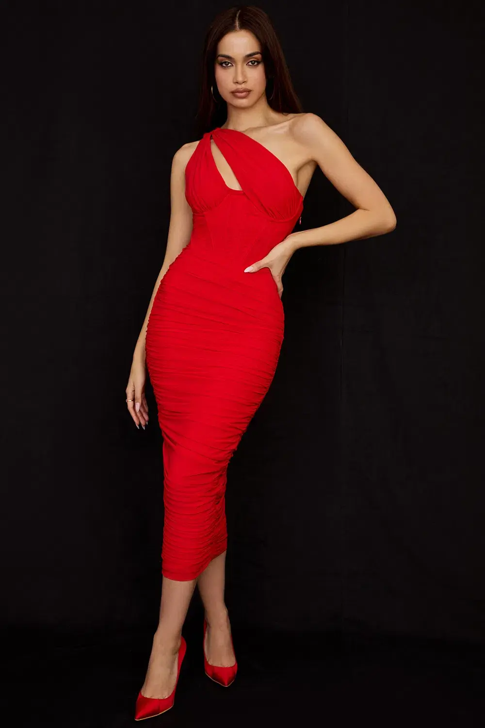 House of CB Valentina Asymmetric Cut Out Midi Dress Red Size XS / Au 6 for rent on The Volte - main image