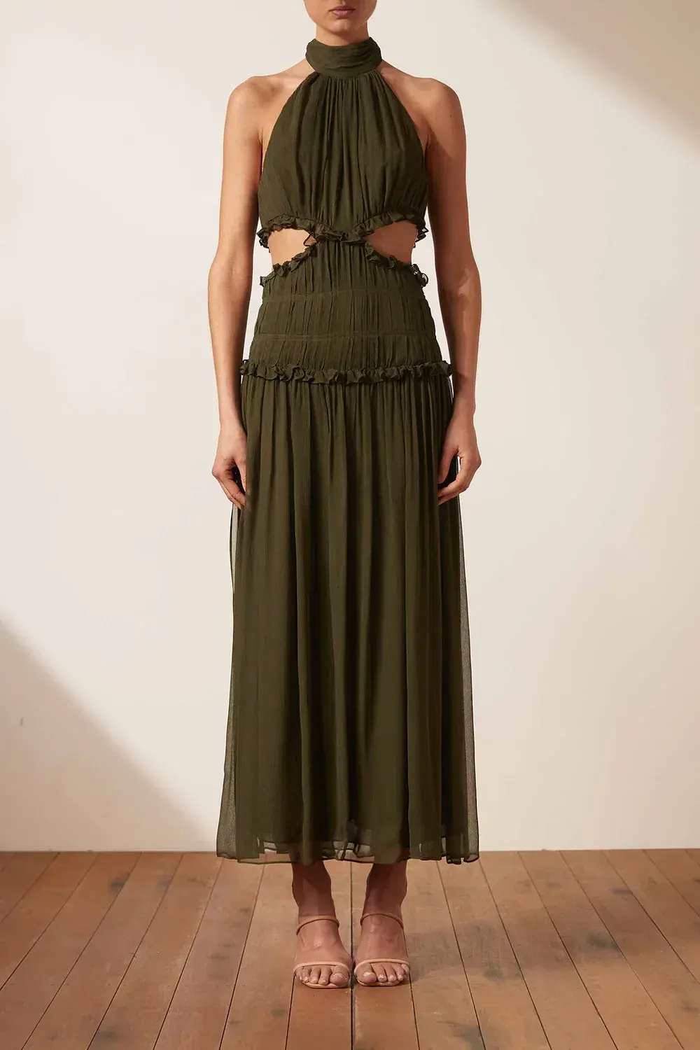 Shona Joy Safira High Neck Cut Out Midi Dress in Olive Green Size 8 / S - Image 1