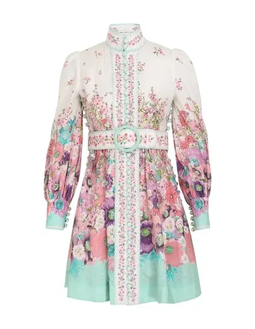 Zimmermann Jude Buttoned Mini Dress Aqua Gradient Floral Size 0/Au 8 - Image 5