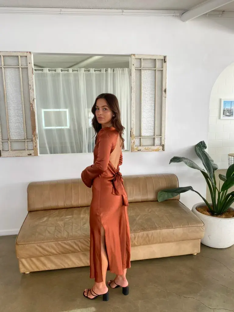 Third Form Tie Back Maxi Bias Dress in Sienna Brown Size 6 for rent on The Volte - main image