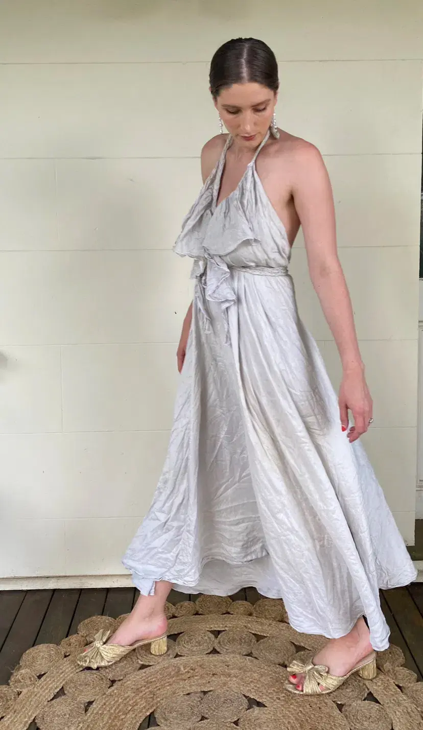 Lisa Brown Silver Silk Poppy Dress Size 12 - Image 2