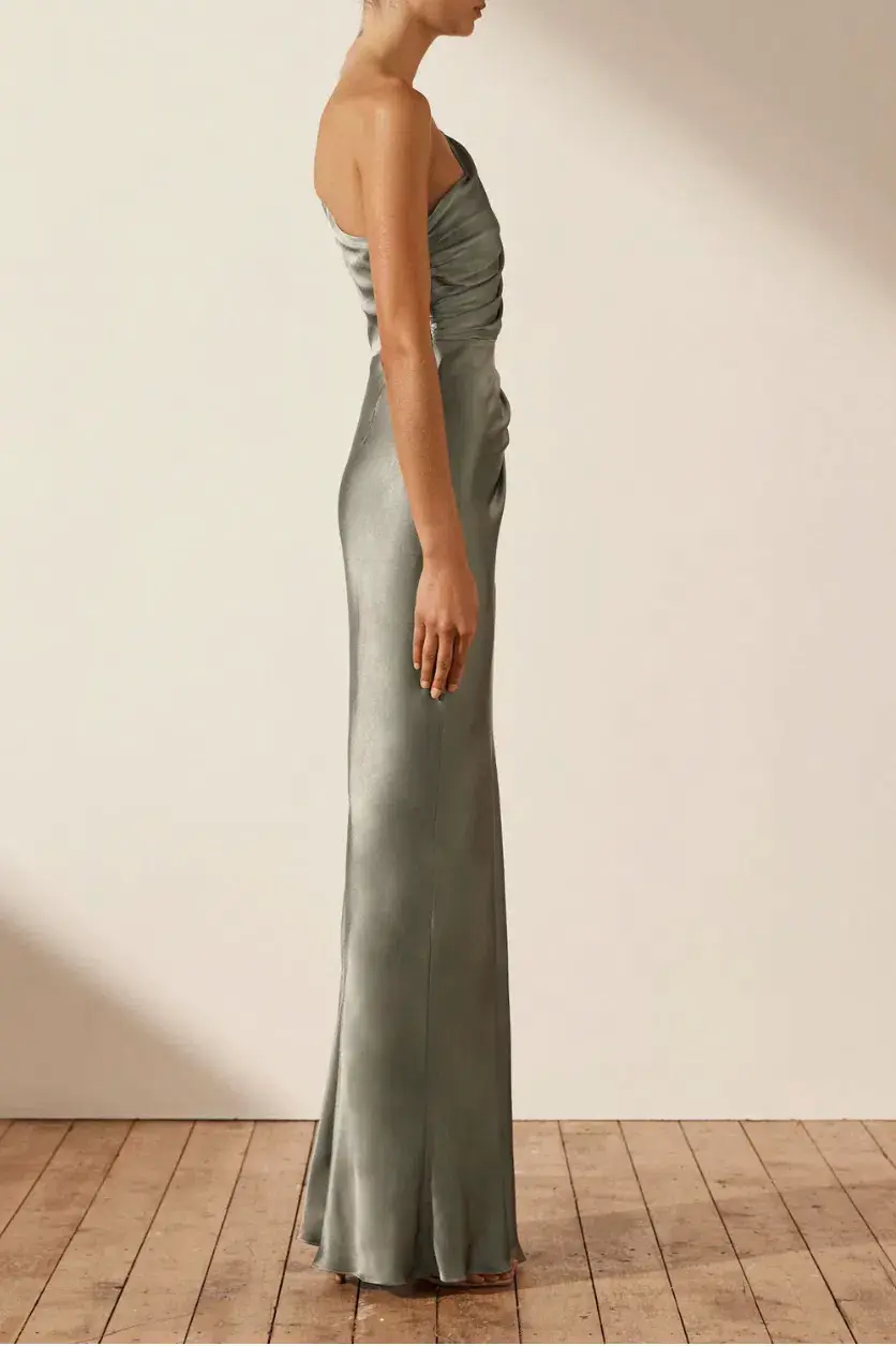 Shona Joy La Lune Asymmetrical Gathered Maxi Dress Sage Size 10 - Image 2