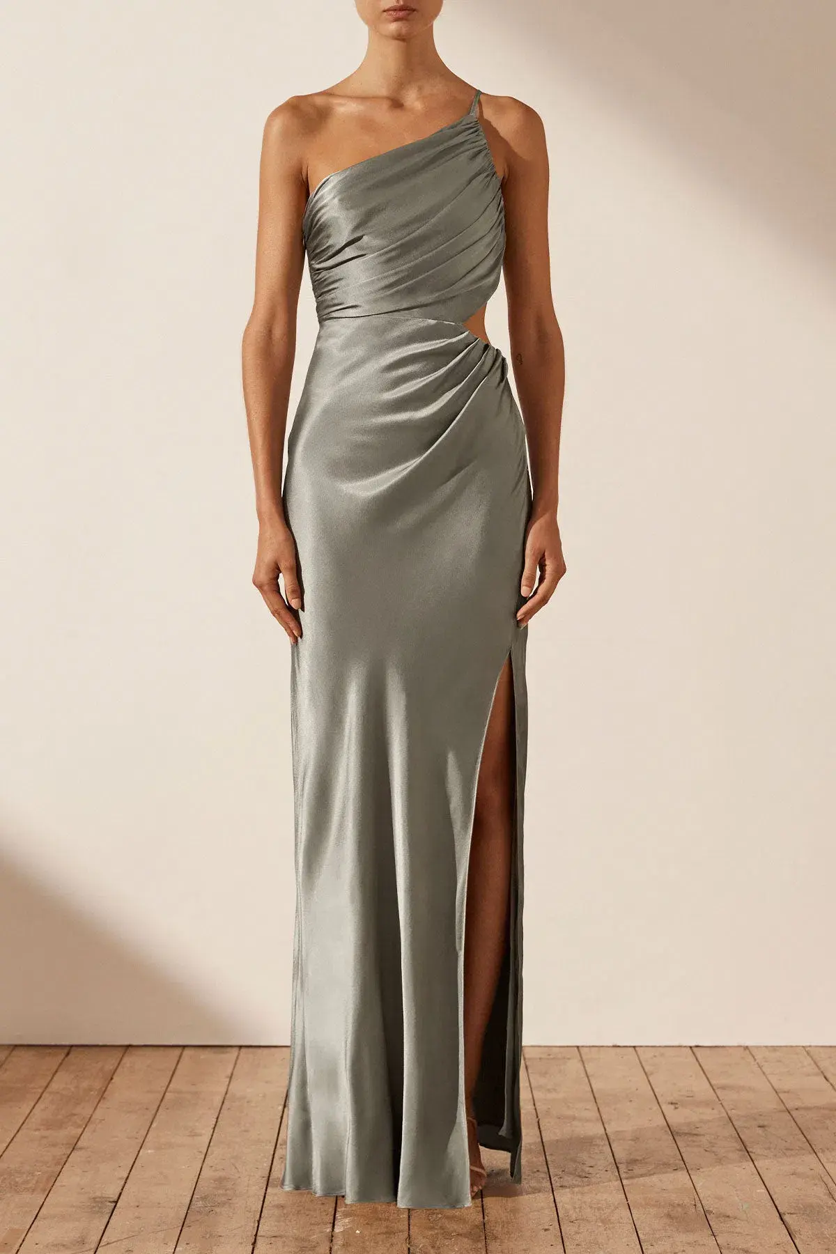 Shona Joy La Lune Asymmetrical Gathered Maxi Dress Sage Size 10 - Image 1